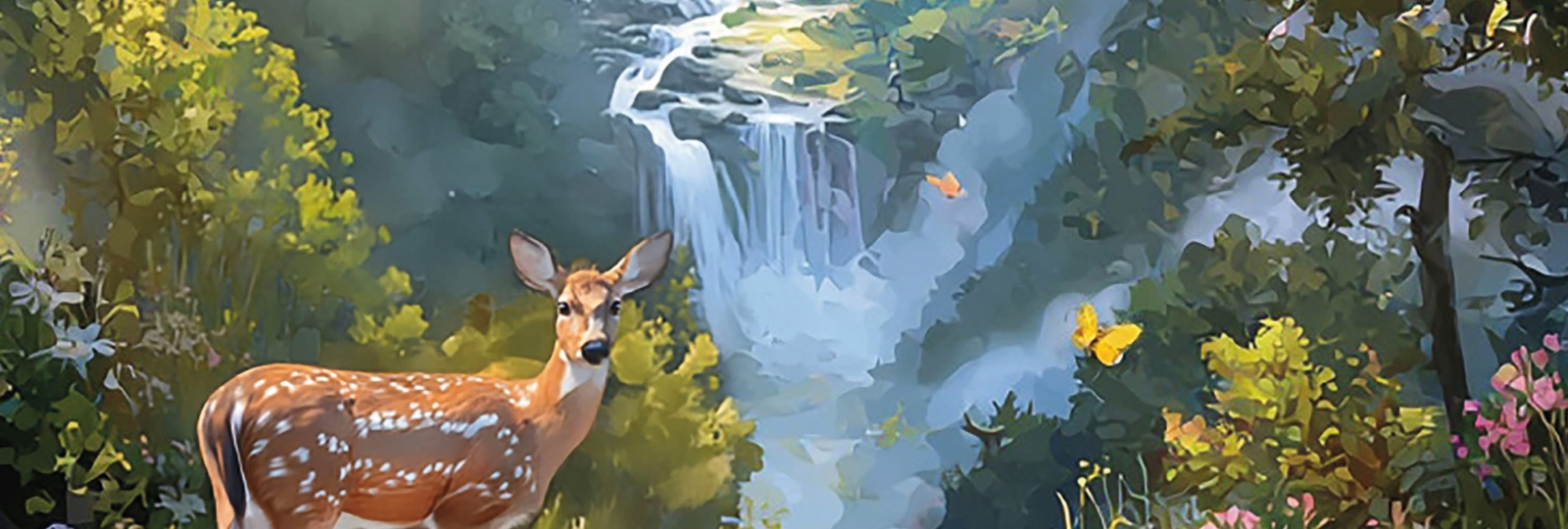 Illustration p&aring; ett r&aring;djur i en f&auml;rglagd skog med ett vattenfall i bakgrunden. Bilden illustrerar &aring;rets tema.